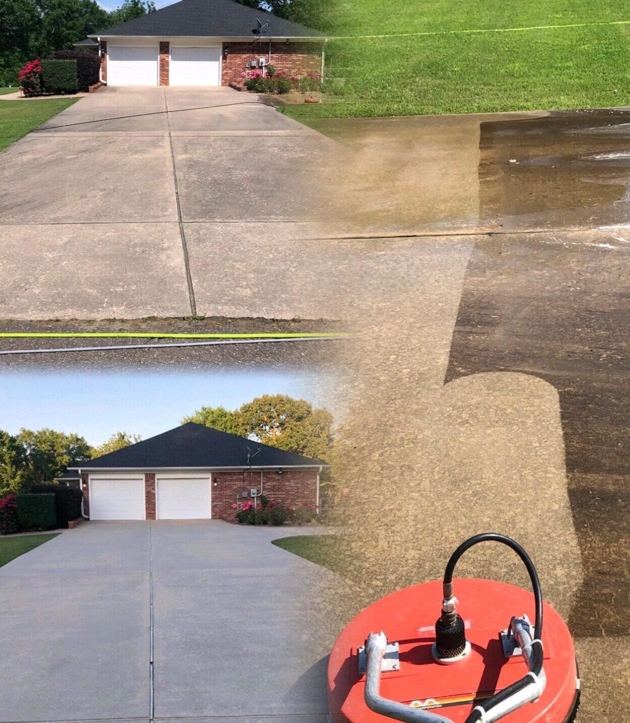Technician pressure washing a residential driveway